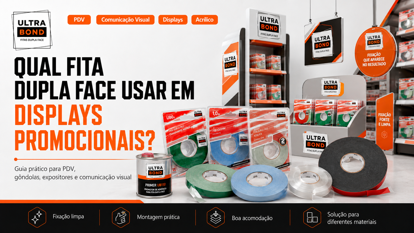 Fitas dupla face UltraBond para displays promocionais, PDV e comunicação visual