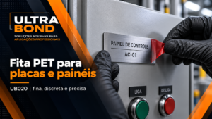 Aplicação de fita dupla face PET em placa de identificação industrial