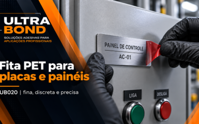 Aplicação de fita dupla face PET em placa de identificação industrial
