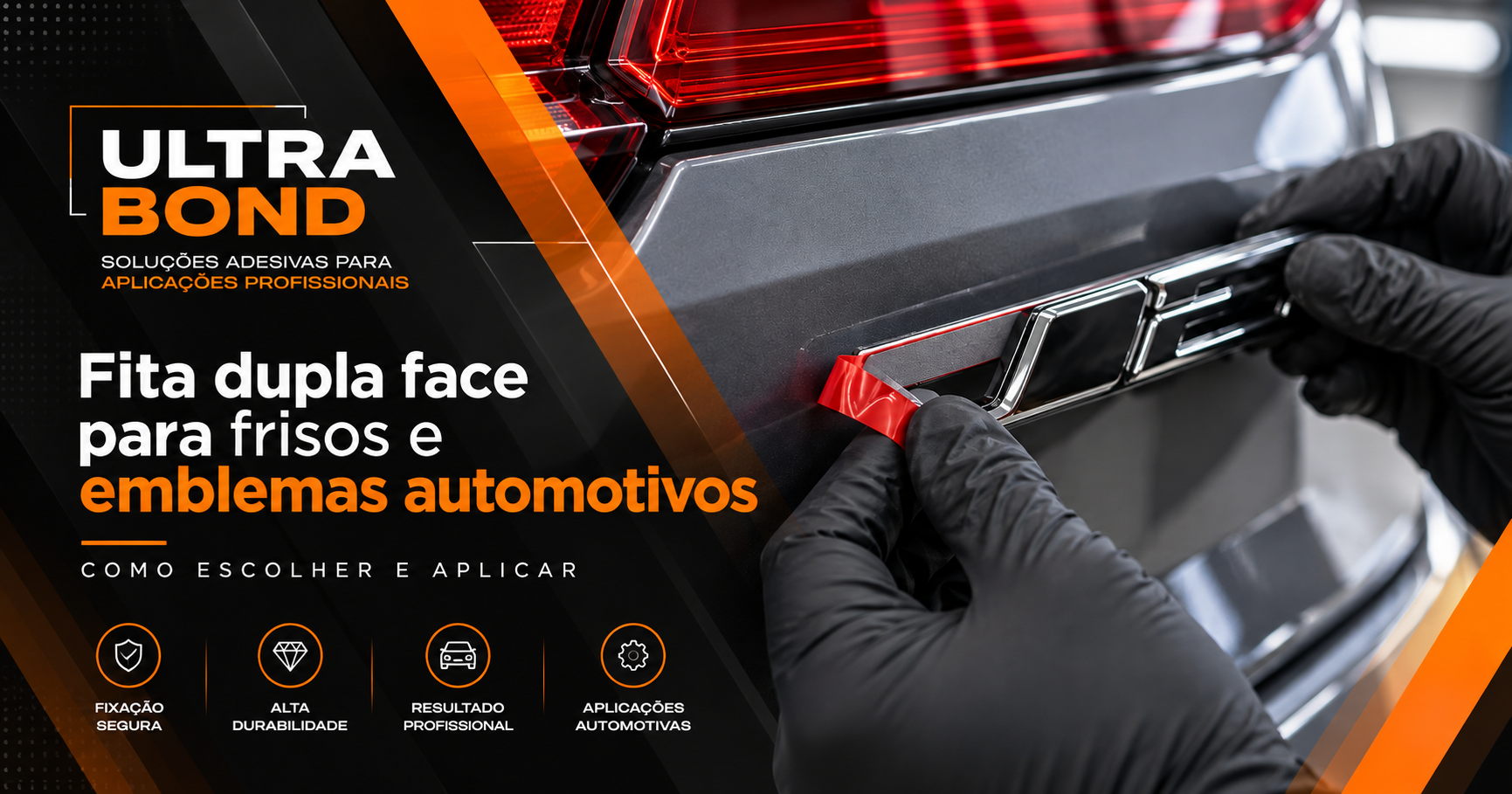 Aplicação de fita dupla face em friso e emblema automotivo