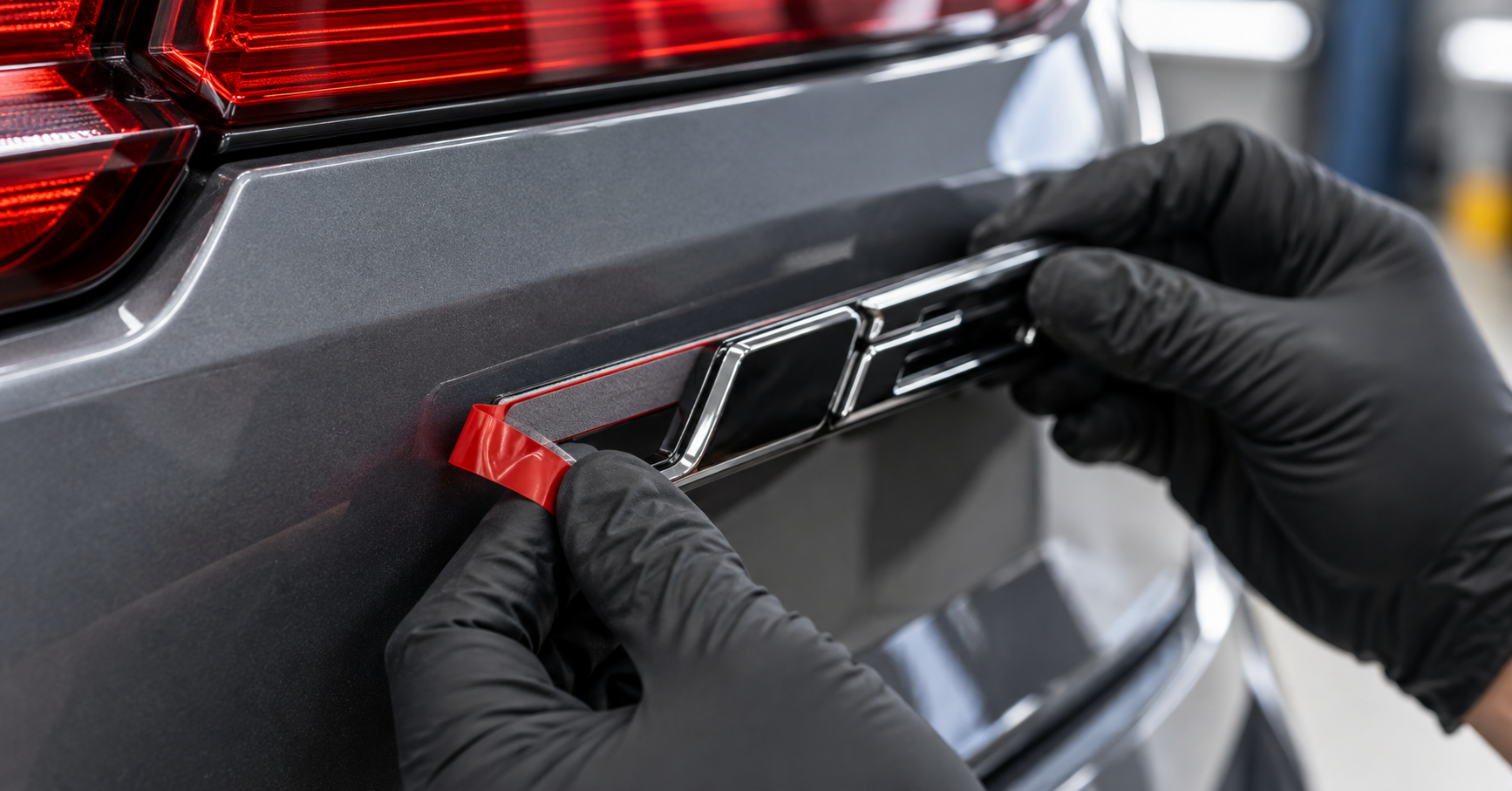 Instalação de emblema automotivo com fita dupla face